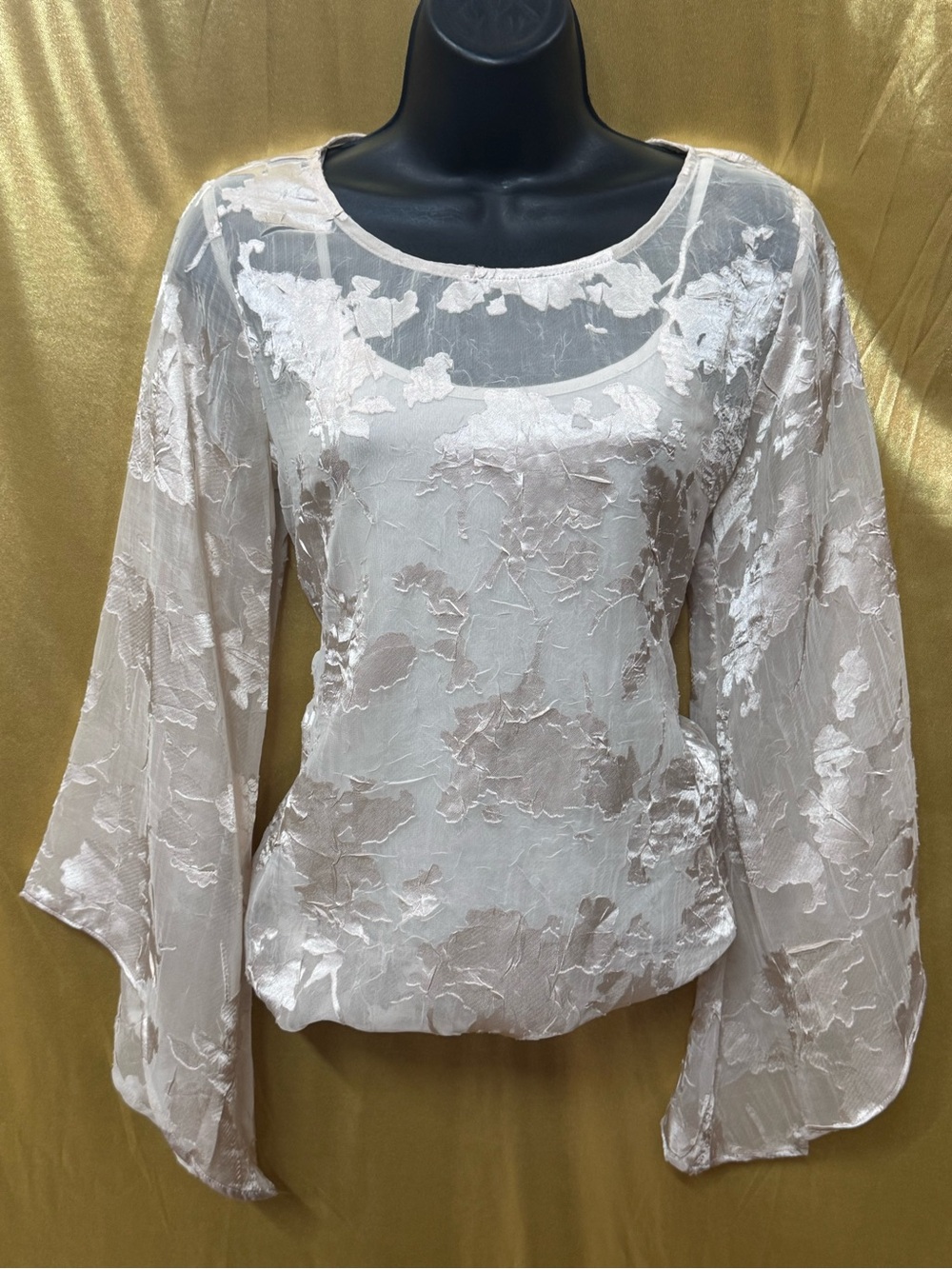 Alfani XS Champagne Burnout Floral Bell Sleeve Blouse Sheer Layered Top